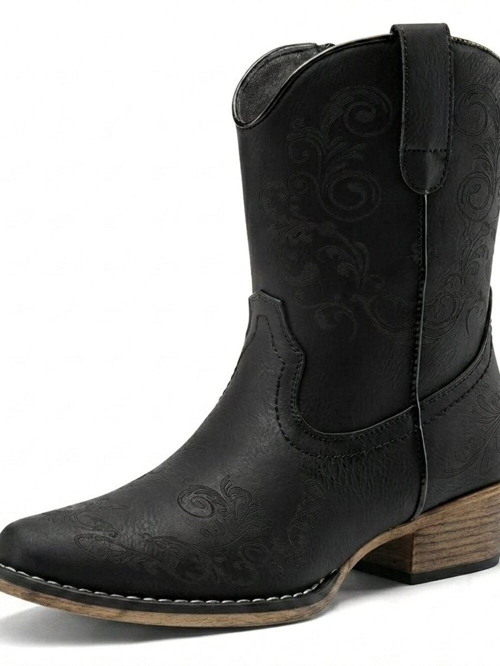 Women's Black faux leather Cowgirl Boots Low Chunky Heels Toe Fall Short Shoes